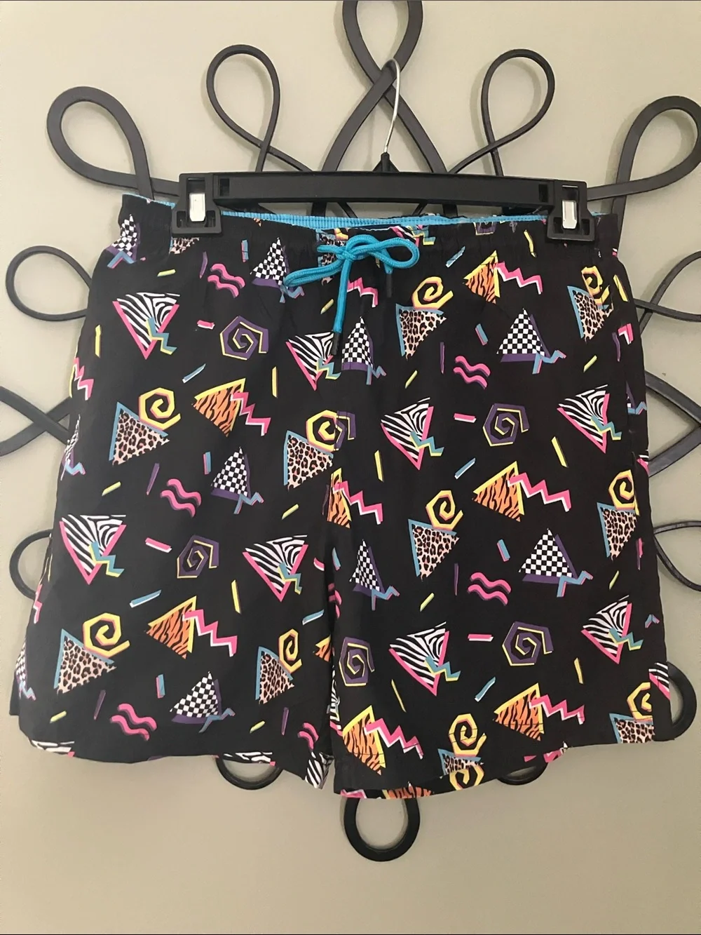 Black Men's Swim Board Shorts with Neon Geometric Print
